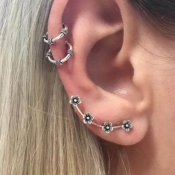 4388 NIP Silvertone Three-Piece Plum Blossom Design Double Hoop Cuff Earring Set - Picture 1 of 2